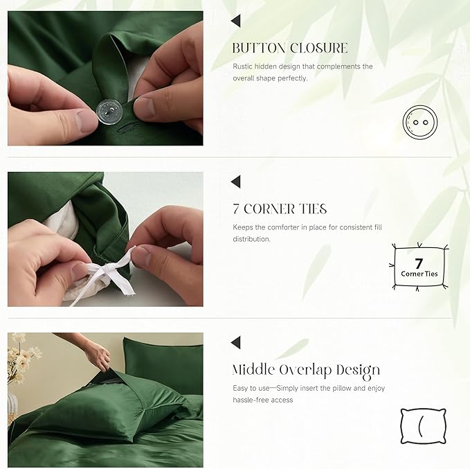 Simple&Opulence Cooling Duvet Cover Set Queen Size, 3 Pcs 100% Viscose Derived from Bamboo Hotel Luxury Silky Bedding, Breathable Soft Comforter Cover for Hot Sleeper with 2 Pillowcases(Olive Green)