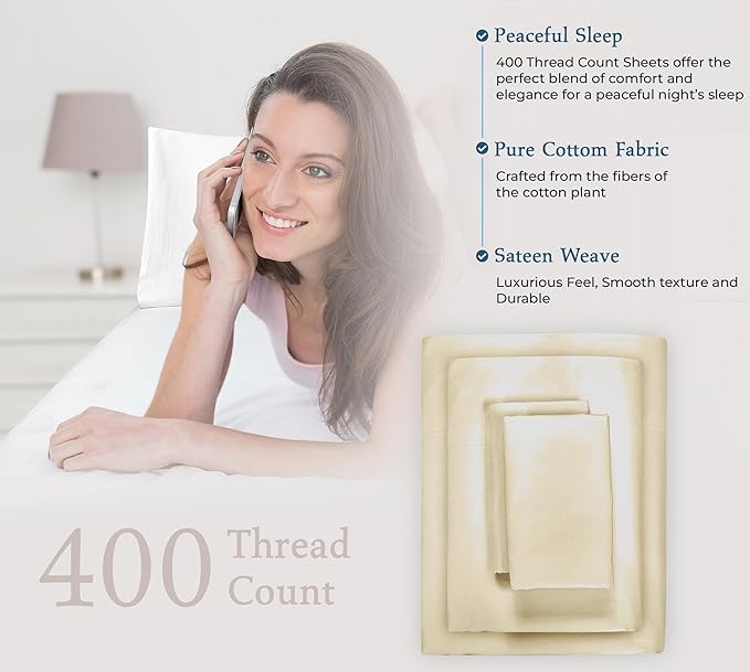 ROYALE LINENS 400 Thread Count 100% American Grown Cotton 4 Piece Sateen Queen Sheet Set - 1 Fitted Sheet, 1 Flat Sheet, 2 Pillow case - Taupe Queen Bedsheet - Cotton Sheets - (Queen, Moroccan Sand)