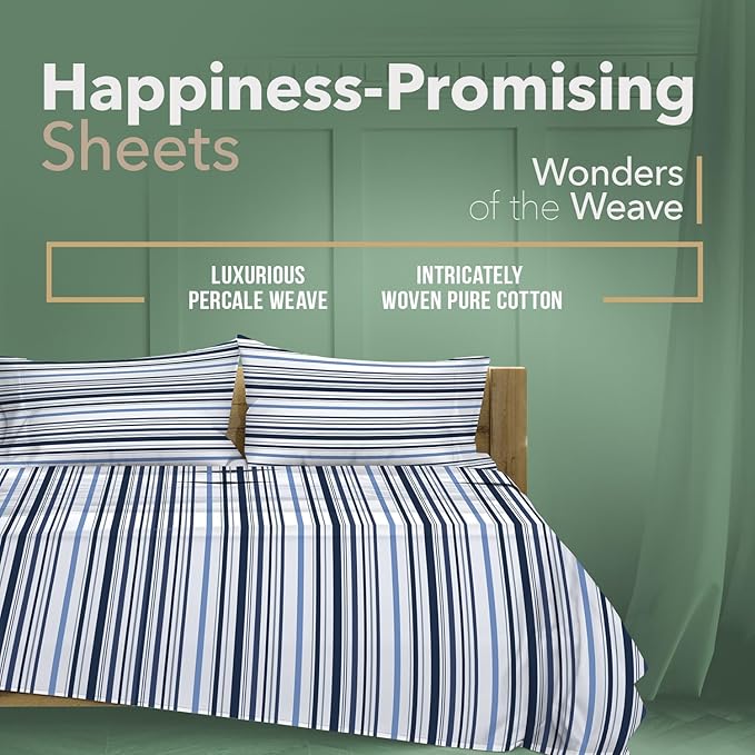 TEXAS LINEN CO. 100% Organic Cotton Printed Sheets Twin Size - 3 PC Organic Cotton Percale Sheets Twin Set (Variegated Stripe), Cooling Sheet for Dorm Room, 16" Deep Pocket - GOTS Certified