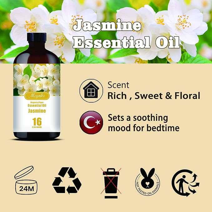 Jasmine Essential Oil – MLYNKL Jasmine Oils 16.33 fl oz for Diffusers, Humidifiers, Massage, DIY Candles, Soap, Cleaning, Home, Yoga, Office, Gifts - 490 ml