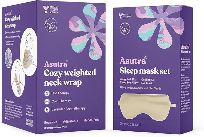 ASUTRA Champagne Gold Silk Eye Pillow and Weighted Neck Wrap Bundle Set, 2 Products - Weighted Eye Mask Filled w/Lavender & Flax Seeds, Hands-Free Microwaveable Heat Pad and Cooling Neck Wrap