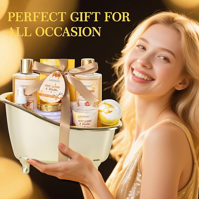 Spa Gift Baskets For Women and Men, Home Luxury Scents Honey Almond Bath Sets for Women Gift, Spa Set Spa Basket with Body Lotion, Lip Balm & More Bath Gift Set Best Gift for Her, Bath Kits Gifts
