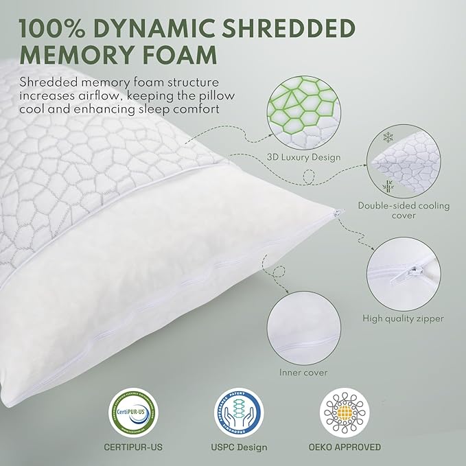 Pillows King Size Set of 2 - Cooling Shredded Memory Foam Pillow for Sleeping 2 Pack, Adjustable Cool Bed Pillows for Side, Back, and Stomach Sleepers, Gel Pillow Washable Removable Cover
