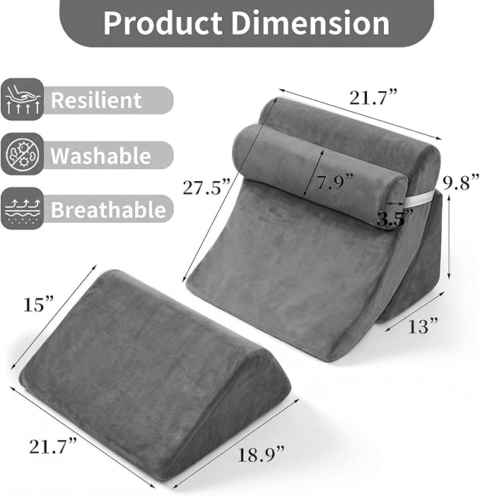 4PCS Orthopedic Bed Wedge Pillow Set for Post Surgery&Pain Relief,Adjustable Wedge Pillow for Back,Acid Reflux,Sitting up in Bed,Recovery,Snoring,Body Pillow for Sleeping (Gray)