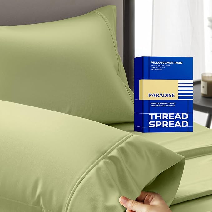 Thread Spread 100% Egyptian Cotton Pillow Cases Queen Size Set of 2 - Luxury 1000 Series Paradise Collection Queen Pillow Cases (Sage Green), Soft Cooling Sateen Hotel Egyptian Cotton Pillowcases