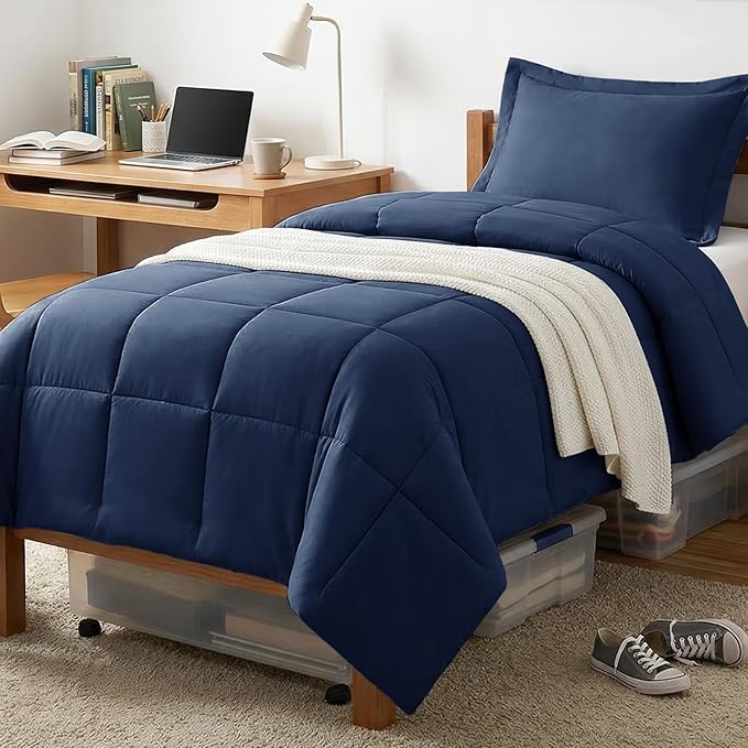CozyLux Twin/Twin XL Comforter Set Navy Blue - 2 Pieces Box Stitched Twin Bed Set for Teen Boys and Girls with All Season, Soft Bedding Sets with 1 Down Alternative Comforter and 1 Pillow Sham