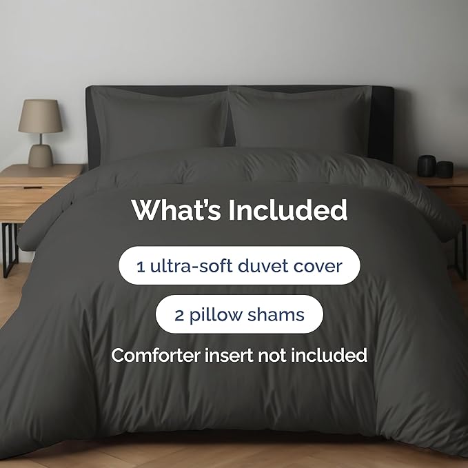 Duvet Cover Queen Size Set - Extra Soft Queen Duvet Cover 90" x 90" with 2 Pillow Shams - Hotel Luxury, Easy Care & Fade Free w/ Zipper Closures & Ties - All Season, Comfy and Breathable (Charcoal)