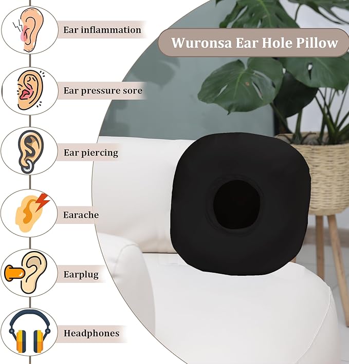 Ear Piercing Pillow for Side Sleepers with Ear Hole, Donut Pillow for Ear with Silky Pillowcase for CNH and Ear Pain Inflammation Pressure Sores Piercing, Ear Guard Pillow (Black Silk)