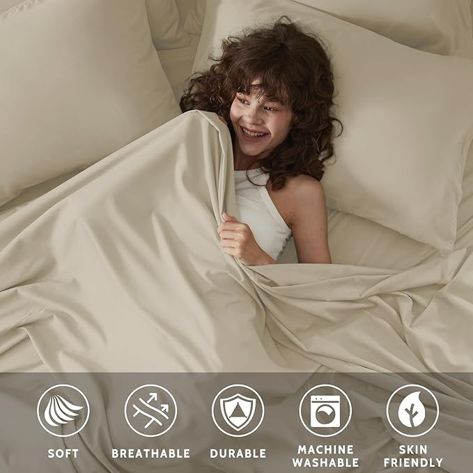King Size Sheets Set - 6 Piece Luxuriously Soft & Cooling Sheets King Size - Ultra Soft 16" Deep Pocket King Sheet Set - Fitted Sheet & Pillowcase Sets (King Beige)