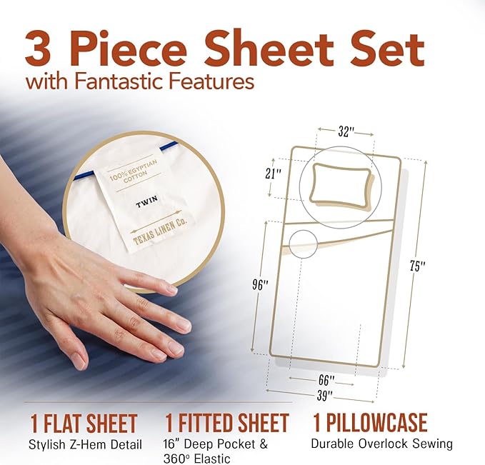 TEXAS LINEN CO. Luxury Egyptian Cotton Twin Size Sheet Set - Texan Talkin' Damask 600 Series 3 PC Deep Pocket Fitted and Flat Sheets, Extra Long Staple Bedding, Dorm Room Sheets - Navy Blue Stripe