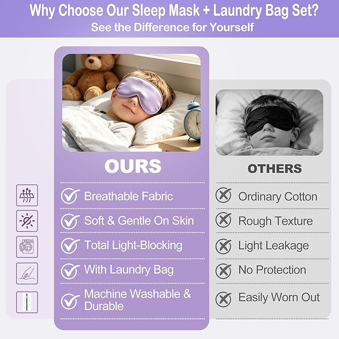 Kids Sleep Mask Eye Cover, Silk Sleeping Mask for Kids, Soft Blackout Blindfold Eye Mask with Adjustable Strap & Laundry Bag for Easy Washing, Gift for Girls Boys Ages 5-15 (Purple)