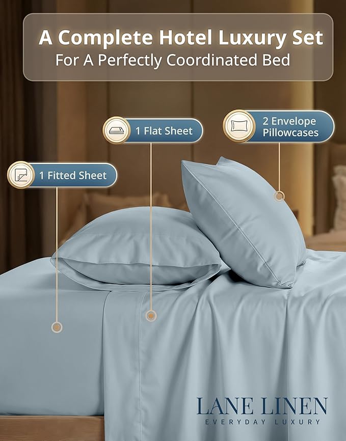 LANE LINEN King Bed Sheets – 600 Thread Count Long-Staple 100% Cotton King Size Bed Sheets, Hotel Luxury Soft Silky Sateen Weave, Durable for Daily Use, Fully Elasticized 15" Deep Pocket – Blue
