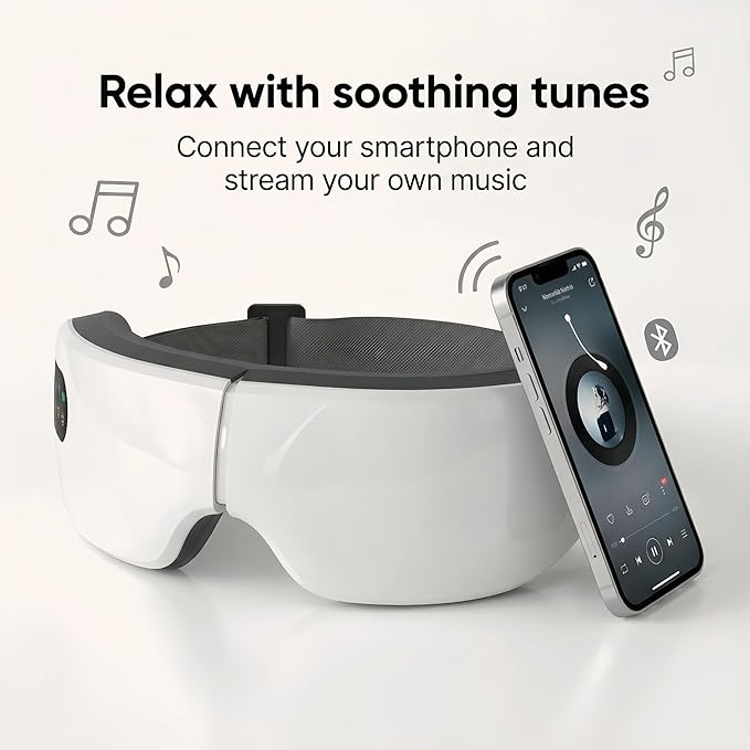 Eye Massager Mask with Heat & Bluetooth Music, 7 Modes for Migraine Relief, Sleep Improvement, Portable, Eye Mask, Gift for Women Men Friends Mom Dad Eyeris 1 White