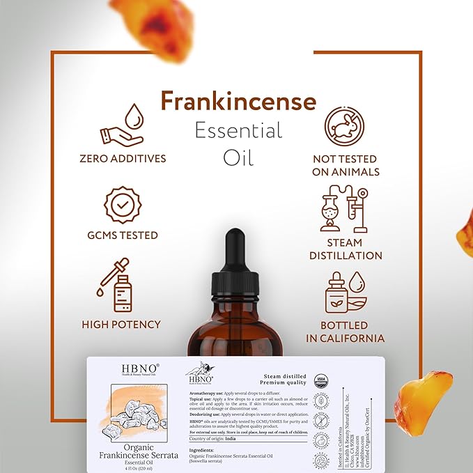 HBNO California Bottled Organic Frankincense Essential Oil 4 fl oz (120ml) - USDA Certified Oil - Organic Frankincense Essential Oil for Skin and Aromtherapy