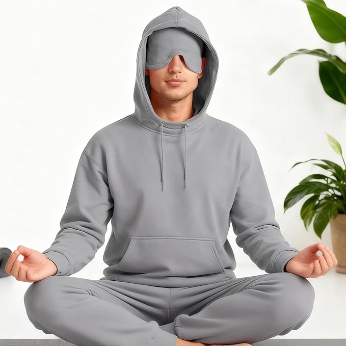 Ainangua Mens Oversized Pullover Essentials Hoodie with Eye Mask Built In Comfor Airplane Mode Travel Sleep Wearable Blanket