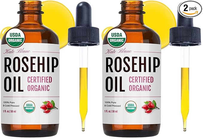 Kate Blanc Cosmetics Rosehip Oil for Face & Softer Glowing Skin (1oz, Organic, 100% Pure, Cold Pressed) Rosehip Seed Face Oil for Facial & Gua Sha Massage (Pack of 2)