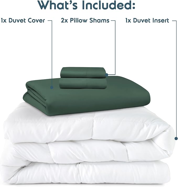 Nestl Queen Duvet Cover Set with Comforter Insert - Forest Green 4 Piece 90x90 Duvet Cover & 2 Pillow Shams with White Quilted Down Alternative Comforter, Ultra Soft, All Season