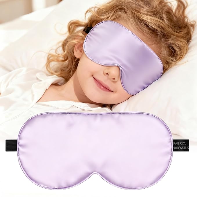 Silk Sleep Eye Mask for Kids, 100% Real Natural Pure Silk Sleeping Masks, Blindfold Sleep Eye Cover with Adjustable Strap, Soft & Lightweight Night Eyeshade for Boys Girls Teens (Purple)