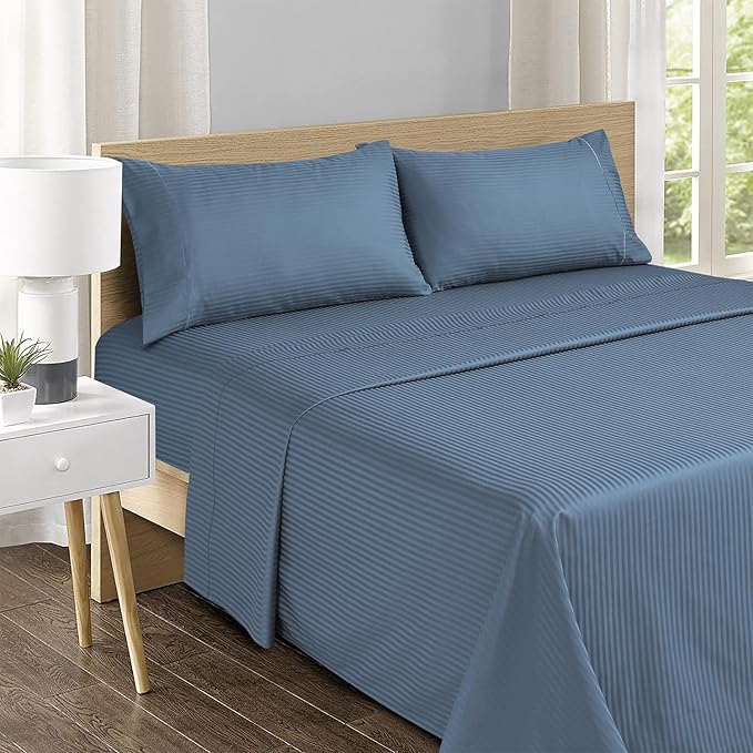Feather & Stitch 500 TC Twin Size Damask Bed Sheet Set, 100% Cotton Soft Breathable Bedsheets, 3 Piece 18" Deep Pockets Sateen Weave Striped Bedding Mattress Resort Hotel Luxury Décor - (Blue Stripe)