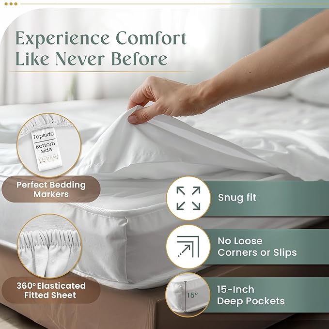 100% Egyptian Cotton Twin Sheets Set, 800TC Sateen Weave 3PC Twin Bed Sheets, Fully Elasticated Sheet & Pillowcase Sets, Soft & Comfy No lint Machine Washable Grey Sheet, Fade Resistant- Lavender