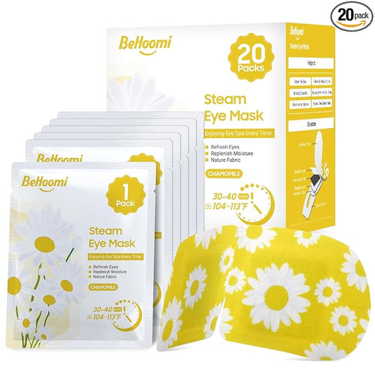 BeHoomi 20Packs Steam Eye Mask, Heated Eye Mask Warm Compress for Eyes, Disposable Self Heating Steam Mask for Sleep, Spa, Travel Essentials, Relaxation Gifts for Women, Mothers Day Gifts (Chamomile)