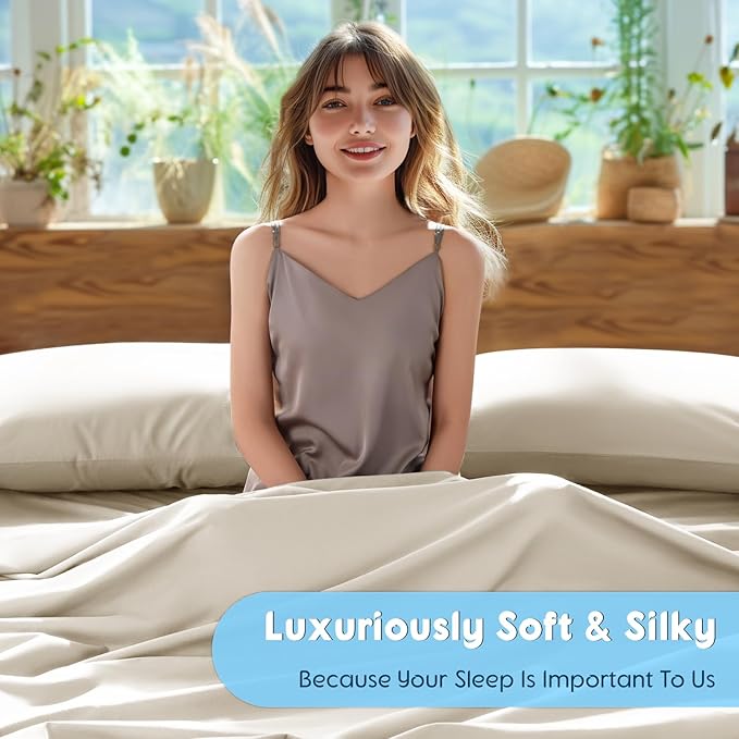 SONORO KATE 100% Egyptian Cotton Sheets Set - 1000 High Thread Count, Luxury 5-Star Hotel Sateen Bed Sheets, Soft, Breathable Long Staple Sheets, Fit up to 16" - 4 PC (Cream,Queen)