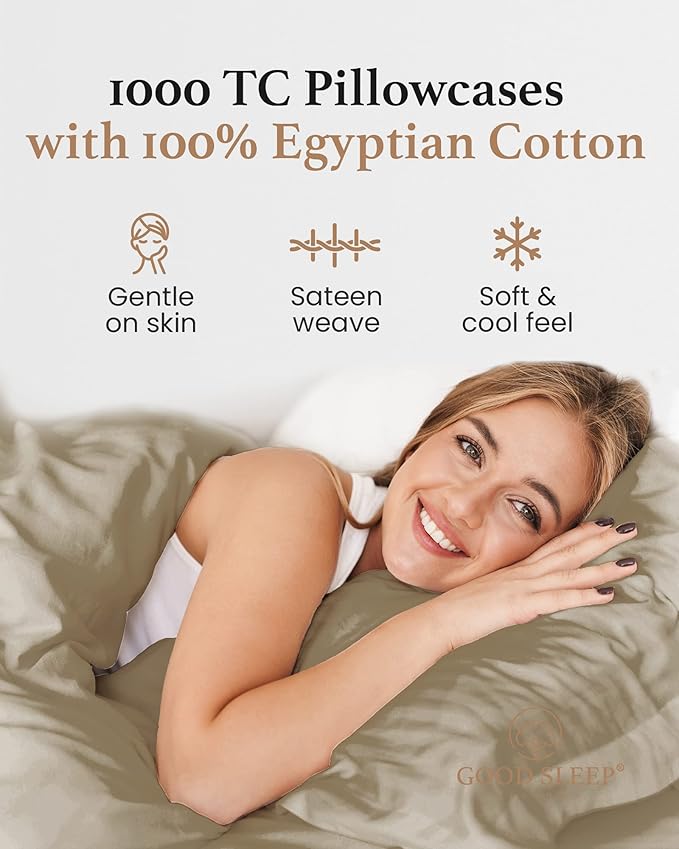 1000 TC Taupe Standard Pillowcases Set of 4 100% Egyptian Cotton Pillow Cases with Long Staple Cotton & Sateen Weave, Silky Soft Hotel - Like Bed Pillow Covers for Comfy Sleeping, Snug Fit