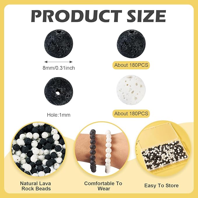 Craftdady 360 pcs 8 mm Natural Lava Beads White Black Round Stone Rock Beads Gemstone Loose Spacer Beads for Diffuser Essential Oil Jewelry Bracelet Necklace Making