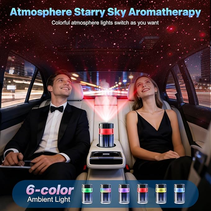 Smart Car Air Freshener - 4 Adjustable Mist Modes Car Air Freshener Diffuser with Starry Sky Projection Auto On/Off Aroma Diffuser for Car Room Home Office Bedroom (Hilton)