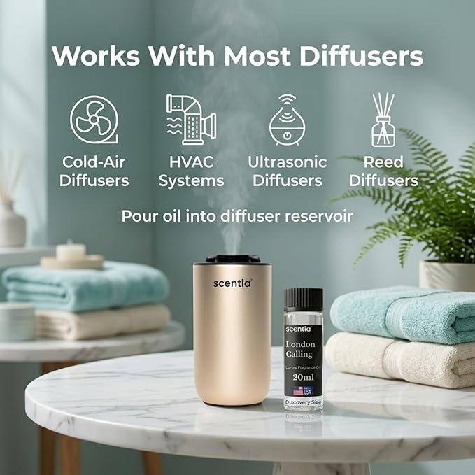 Scentia London Calling Fragrance Oil for Diffusers – Fresh White Tea & Lime Home Scent with Peony, Jasmine & Cedarwood – Diffuser Oil for Ultrasonic, Cold Air & Waterless Diffusers– 20 ml (0.67 fl oz)