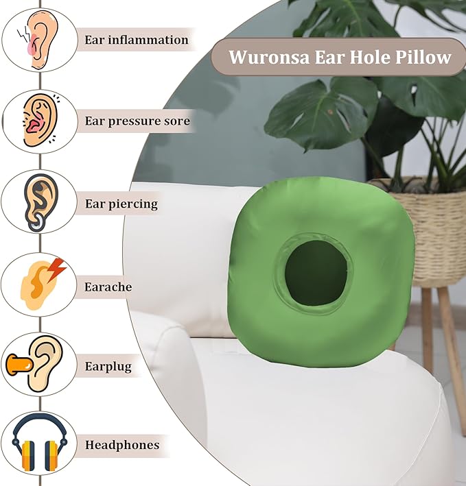 Ear Piercing Pillow for Side Sleepers with Ear Hole, Donut Pillow for Ear with Silky Pillowcase for CNH and Ear Pain Inflammation Pressure Sores Piercing, Ear Guard Pillow (Light Green)