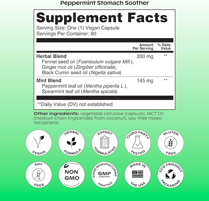 wholier Peppermint Stomach Soother with Peppermint Oil, Ginger, Fennel, Spearmint & Black Cumin Seed Oil, Bloating, Gas, Nausea & Digestive Support for Adults, Vegan, Gluten Free, 60 Dual Capsules