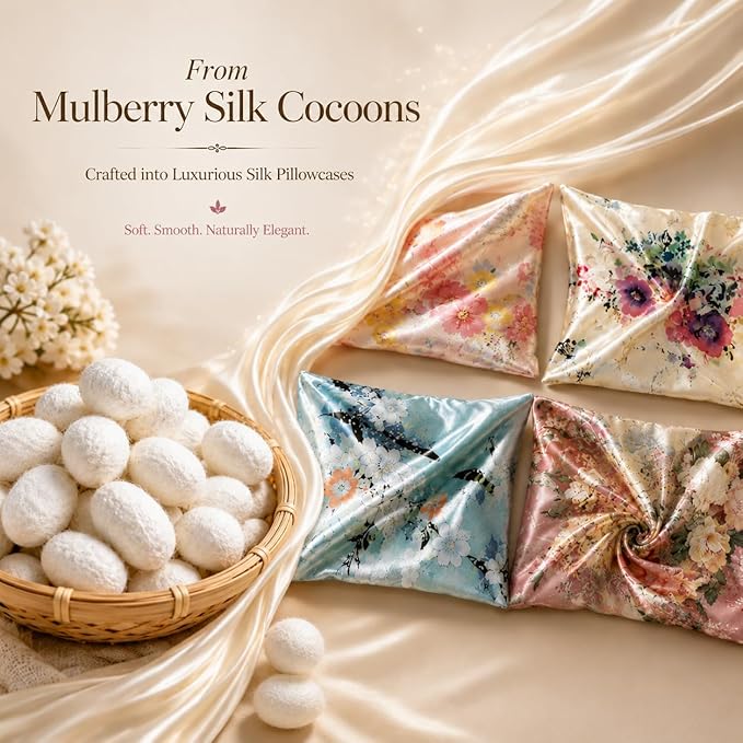 100% Mulberry Silk Pillowcase for Hair and Skin care, Envelope Closure, Natural &Vintage Floral Printed Cooling & Slip Silk Pillow Case, Both Sides Soft Breathable, Queen size, 1 Pack (Beige (2 Pack))
