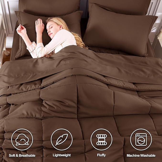CozyLux Queen Comforter Set Brown - 7 Pieces Bed in a Bag Queen, All Season Breathable Bedding Sets, Oeko-Tex Certified Bed Set with Down Alternative Comforter, Sheets, Pillowcases & Pillow Shams