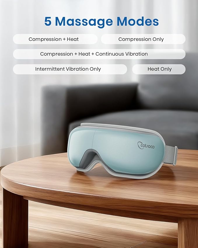 cotsoco Eye Massager with Heat, Remote, and Compression, Adjustable Foldable Sleep Mask for Relaxing Eyes and Better Sleep, Migraine Relief Device, Birthday Gifts for Women Men Her Him-Blue