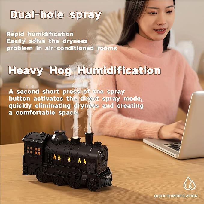 300ML Vintage Train Diffuser & Cool Mist Humidifier with Steam Effect, Remote Control, Dual Modes & Warm Blue LED Light (Black, Without remote control)