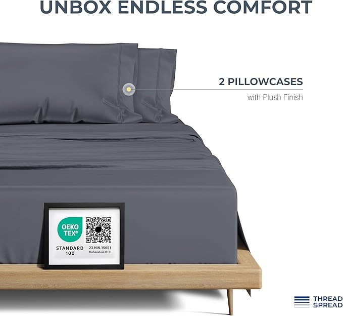 THREAD SPREAD 100% Egyptian Cotton Pillow Cases Queen Size Set of 2 - Luxury 1500 Series Queen Pillow Cases (Dark Grey), Soft Cooling Envelope Closure Hotel Quality Egyptian Cotton Pillowcases