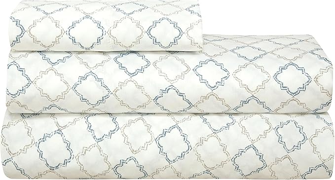ROYALE LINENS 300 Thread Count 100% Long Staple Combed Cotton Sheet Set - 3 Piece Twin Bed Sheets - 1 Fitted, 1 Flat & Pillow case -Soft Cool & Crisp Sheet Set (Twin, Vintage Trellis,Grey Blue)