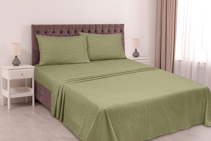 ROYALE LINENS 4 Piece Cal King Sheets Set - Soft Brushed Microfiber - 1 Fitted, 1 Flat Sheet, 2 Pillowcases - Wrinkle Free & Fade Resistant - Hotel Luxury Bed Sheets (Stripe Sage Green, Cal King)