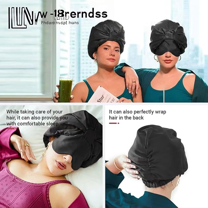 2-in-1 Satin Sleep Bonnet with Eye Mask for Women –Silk-Lined Hair Bonnet for Sleeping, Adjustable, Anti-Frizz for Curly Hair