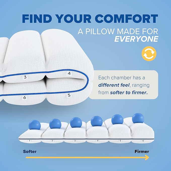 TUMBLE 6-Chamber Adjustable Bed Pillow | Back, Side & Stomach Sleepers | Cooling Cover | Memory Foam & Gel Fiber Fill | Customize Your Comfort | CertiPUR/Oeko-Tex | Standard King 1 Pack