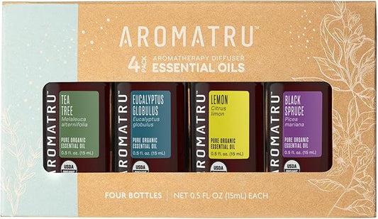 AromaTru Purify Essential Oil Kit – Tea Tree, Eucalyptus Globulus, Lemon, and Black Spruce – Organic & Wildcrafted – ISO Certified – No Synthetic Fillers – Ethically Sourced