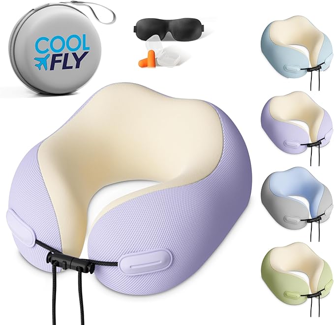 Cool Fly - Cool Colors Travel Neck Pillow Set. Cool Bright Fashion Pastel Colors. Luxury Memory Foam Airplane Adjustable Pillow. Cooling Silky Breathable Cover with Bonus Sleep mask, Purple-Beige