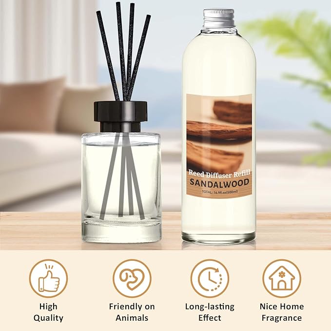 STRN Sandalwood Reed Diffuser Refill 500ml with 6 Natural Reed Sticks, Premium Aromatherapy for Home, Long-Lasting Fragrance for Living Room, Bedroom, Office | Alcohol-Free