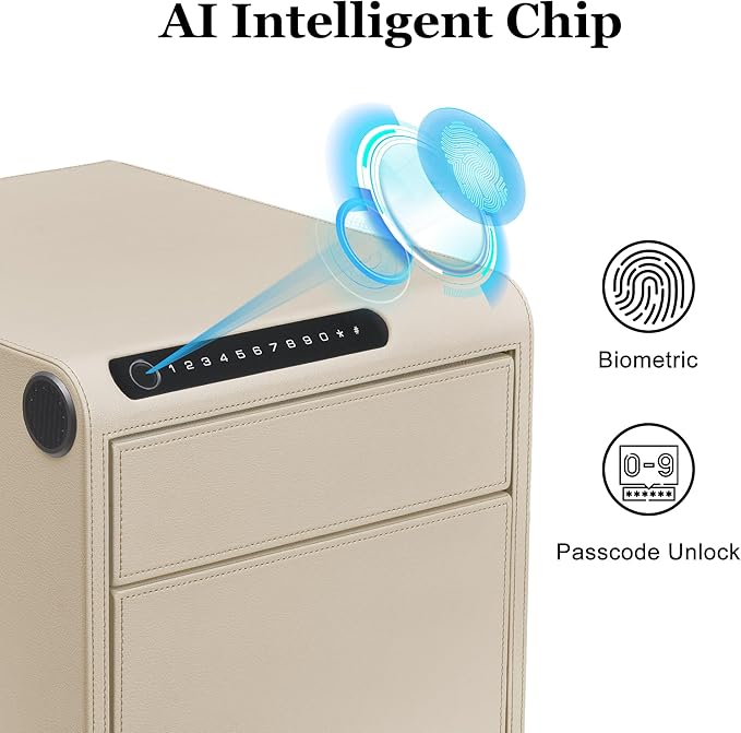 Jewelry Safe with Drawers，Biometric Fingerprint safe, Slide-Away Handgun Safe for Pistols, Leather Wrapped Jewelry Storage Safe, Digital Keypad & Quick-Access Drawer(White- 2 Drawer)