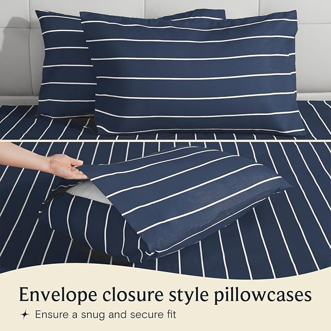 LuxClub Striped Sheets, 3 PC Striped Bed Sheets Twin Size, Deep Pockets 18" Eco Friendly Wrinkle Free-Kids-Fitted Sheets Machine Washable Hotel Bedding (Twin, Navy)