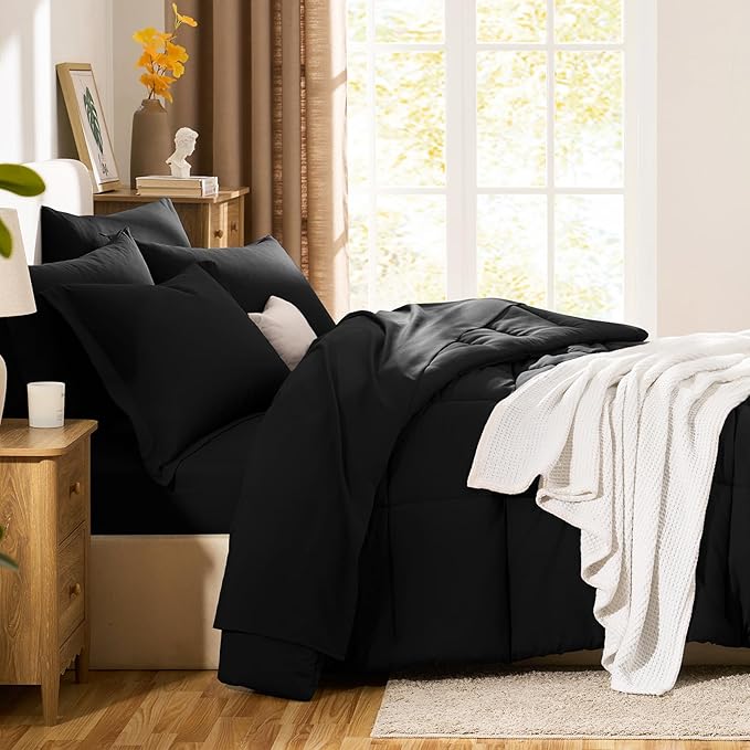 CozyLux Queen Comforter Set Black - 7 Pieces Bed in a Bag Queen, All Season Soft Bedding Set, Oeko-Tex Certified Bed Set with Down Alternative Comforter, Sheets, Pillowcases & Pillow Shams (Pack of 2)