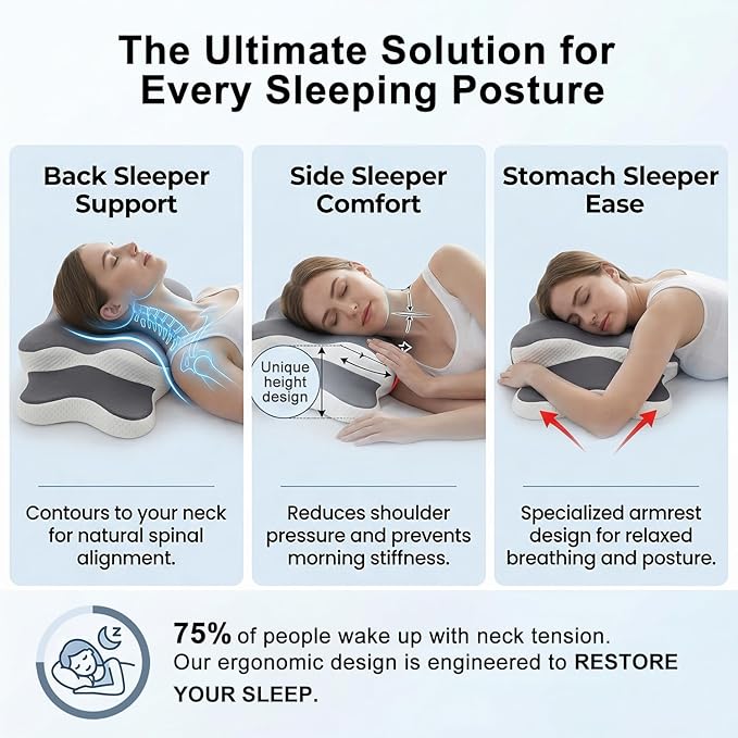 Esup Ergonomic Cervical Neck Pillow for Pain Relief, Memory Foam Orthopedic Bed Pillow, Adjustable Height Contour Pillow for Sleeping, Ideal for Side, Back, and Stomach Sleepers (Gray)
