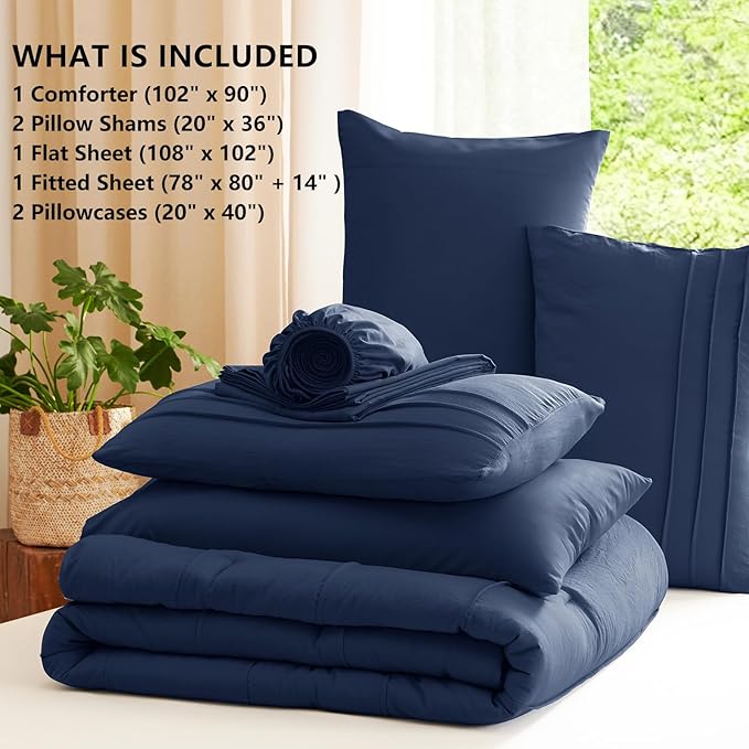 CozyLux King Size Comforter Set Navy Blue, 7 Pieces Soft Pinch Pleat Bed in a Bag King Comforter Set with Sheets, Boho Bed Set with Down Alternative Comforter, Sheets, Pillowcases & Shams
