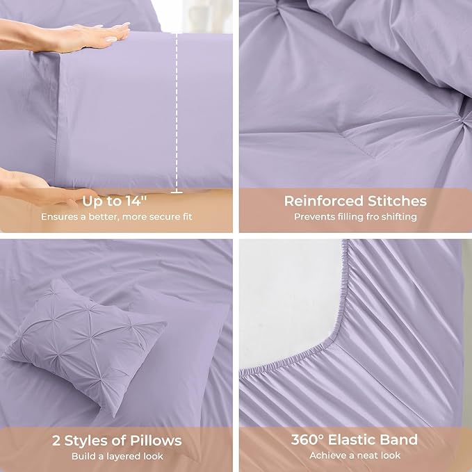 Sasttie Twin XL Comforter Set, 5-Piece Bed in a Bag, Pintuck Bedding Sets for All Season, Includes Comforter, Flat Sheet, Fitted Sheet, Pillowcase and Pillowsham, Lavender